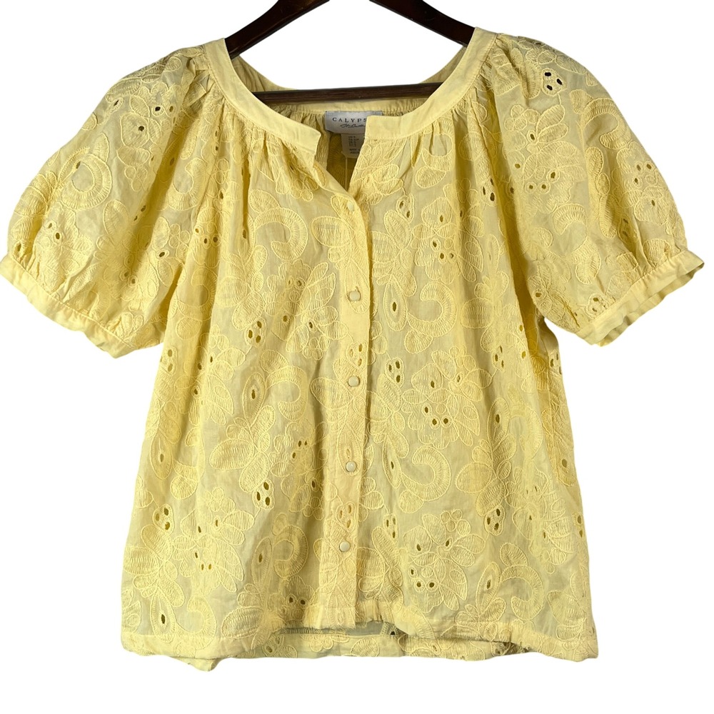 Calypso St Barth Eyelet Blouse S Yellow Floral Puff Sleeve Button Front NWT Boho